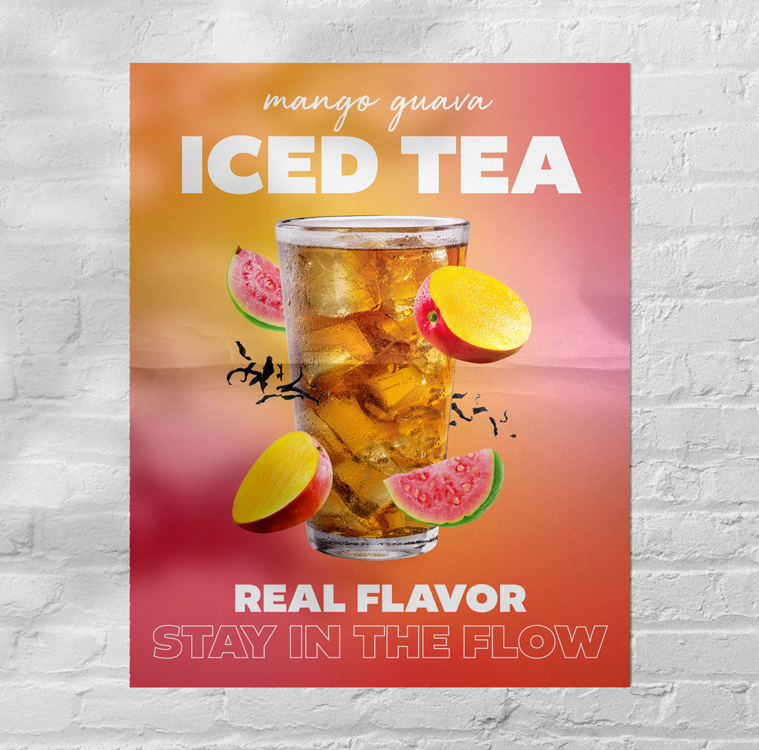 A poster on a brick wall advertising iced tea